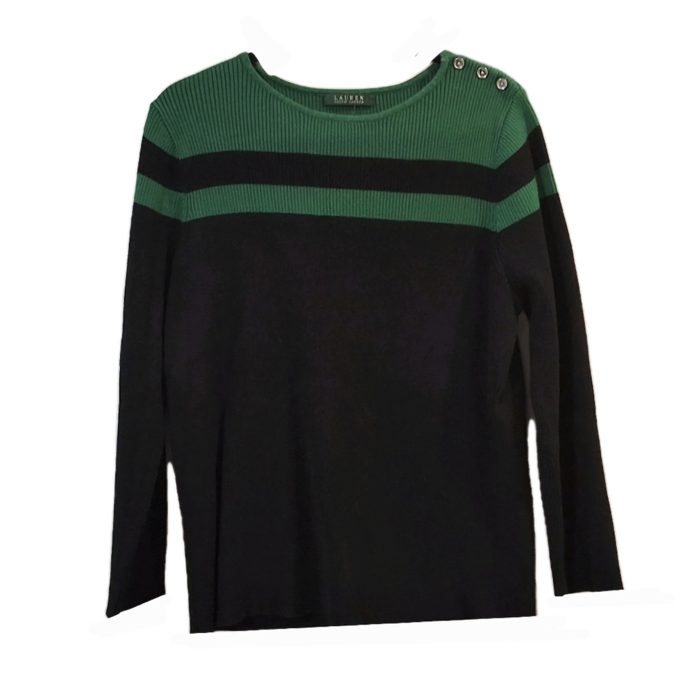 Lauren Ralph Lauren Sweater PM Black Green Striped Classy Prep Old Money Capsule